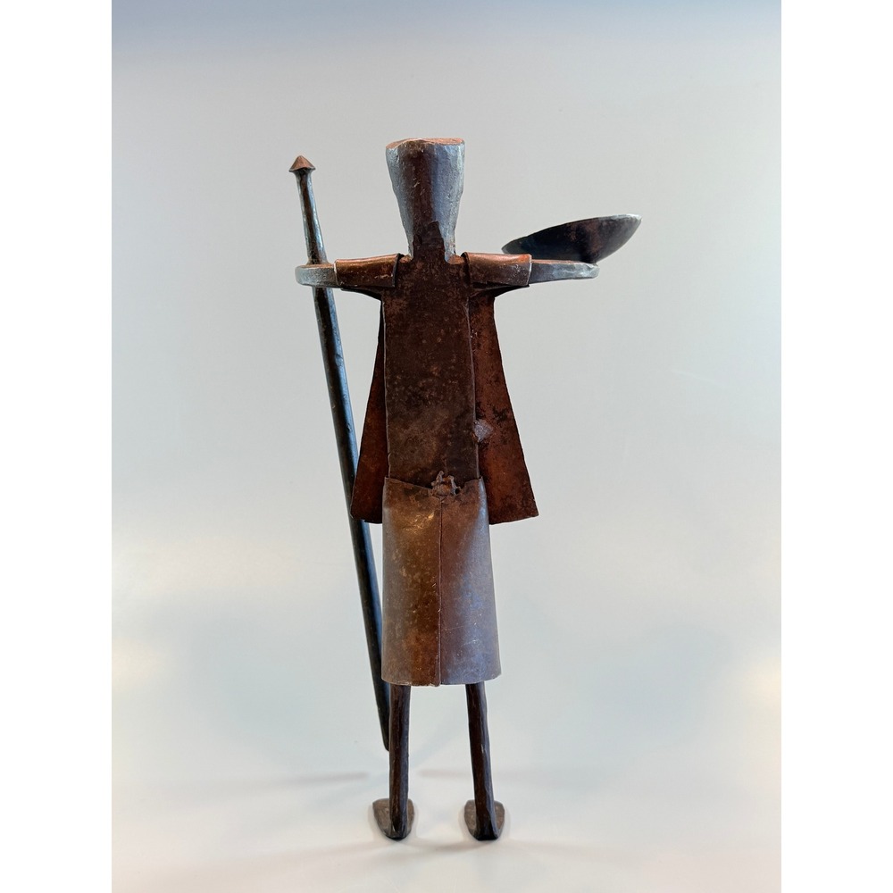 Hand Forged Iron Candle Holder Vintage Metal Sculpture with Staff Candle Bowl